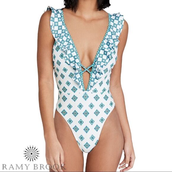 Ramy Brook ***NWT*** Printed Alize Ruffle One-Piece Swimsuit in White Combo - Picture 1 of 11